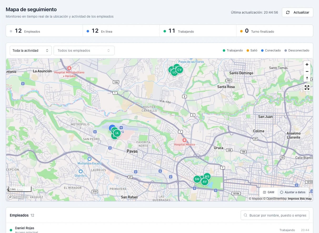 Mapa de seguimiento de OnSight con ubicaciones y actividad del personal de una organización de demostración.